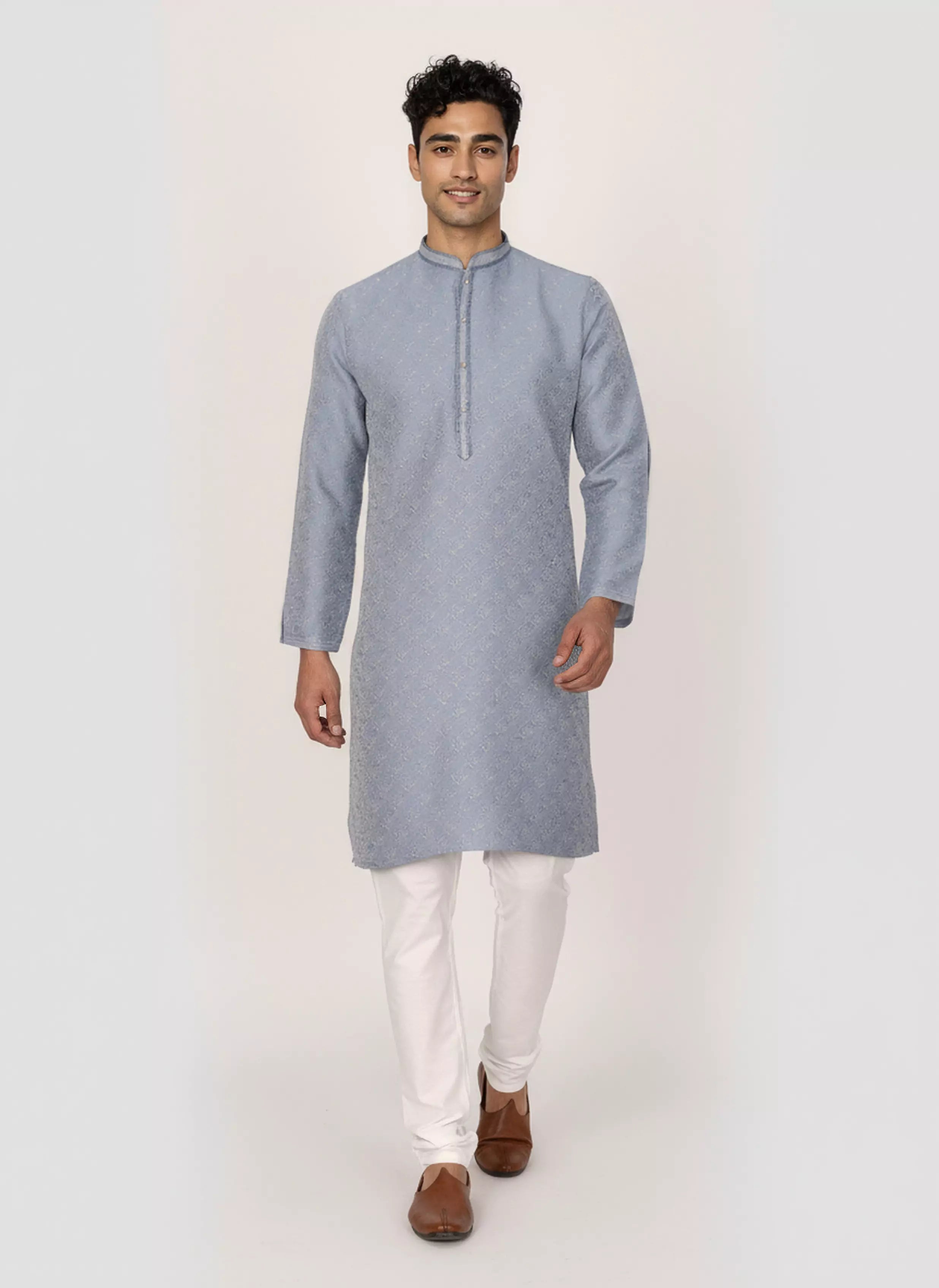 Image of Men's Self Floral Weaving Jacquard Kurta Set