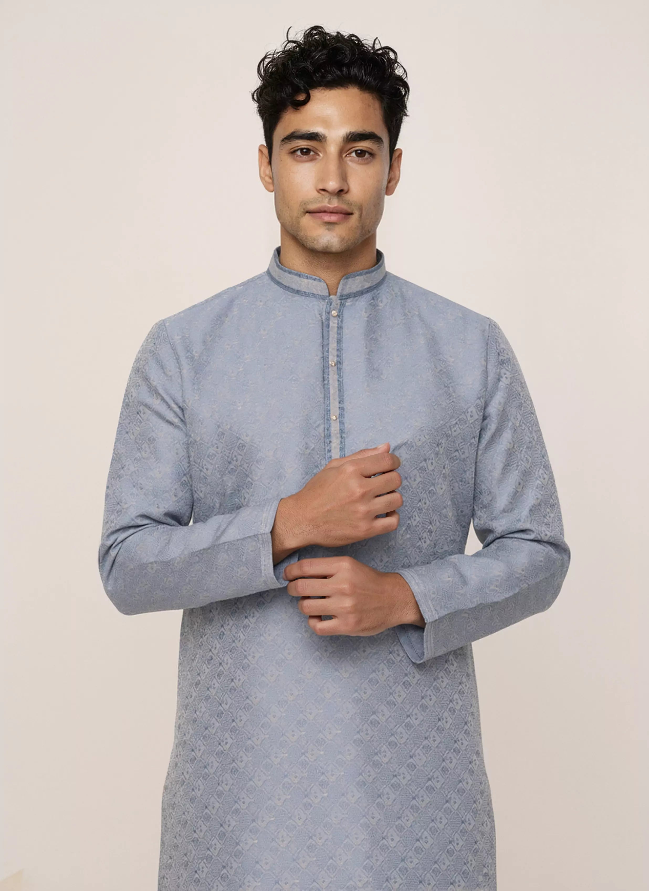 Image of Men's Self Floral Weaving Jacquard Kurta Set