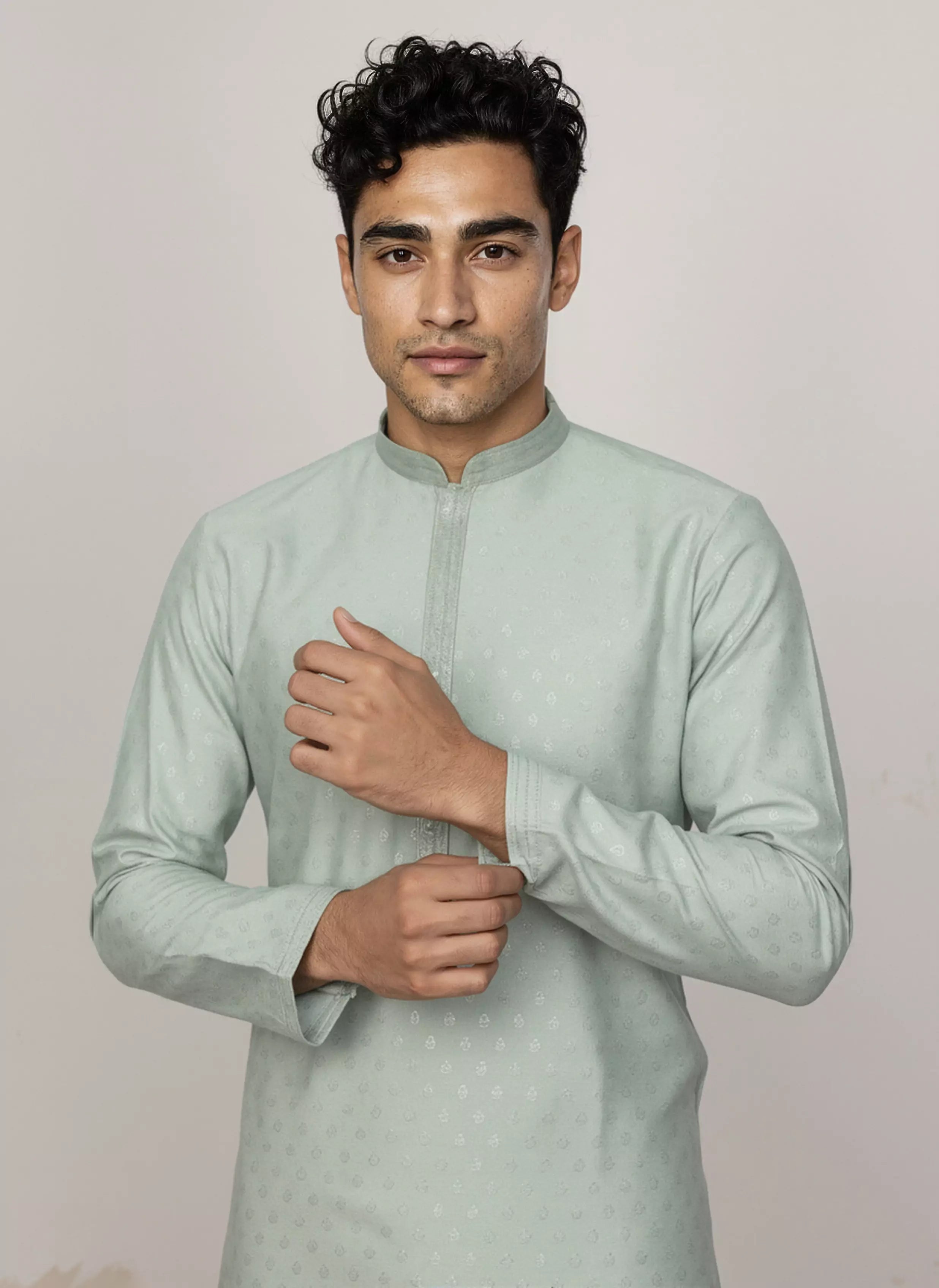 Image of Self Thread with Zari Booti's Jacquard Kurta Pyjama Set