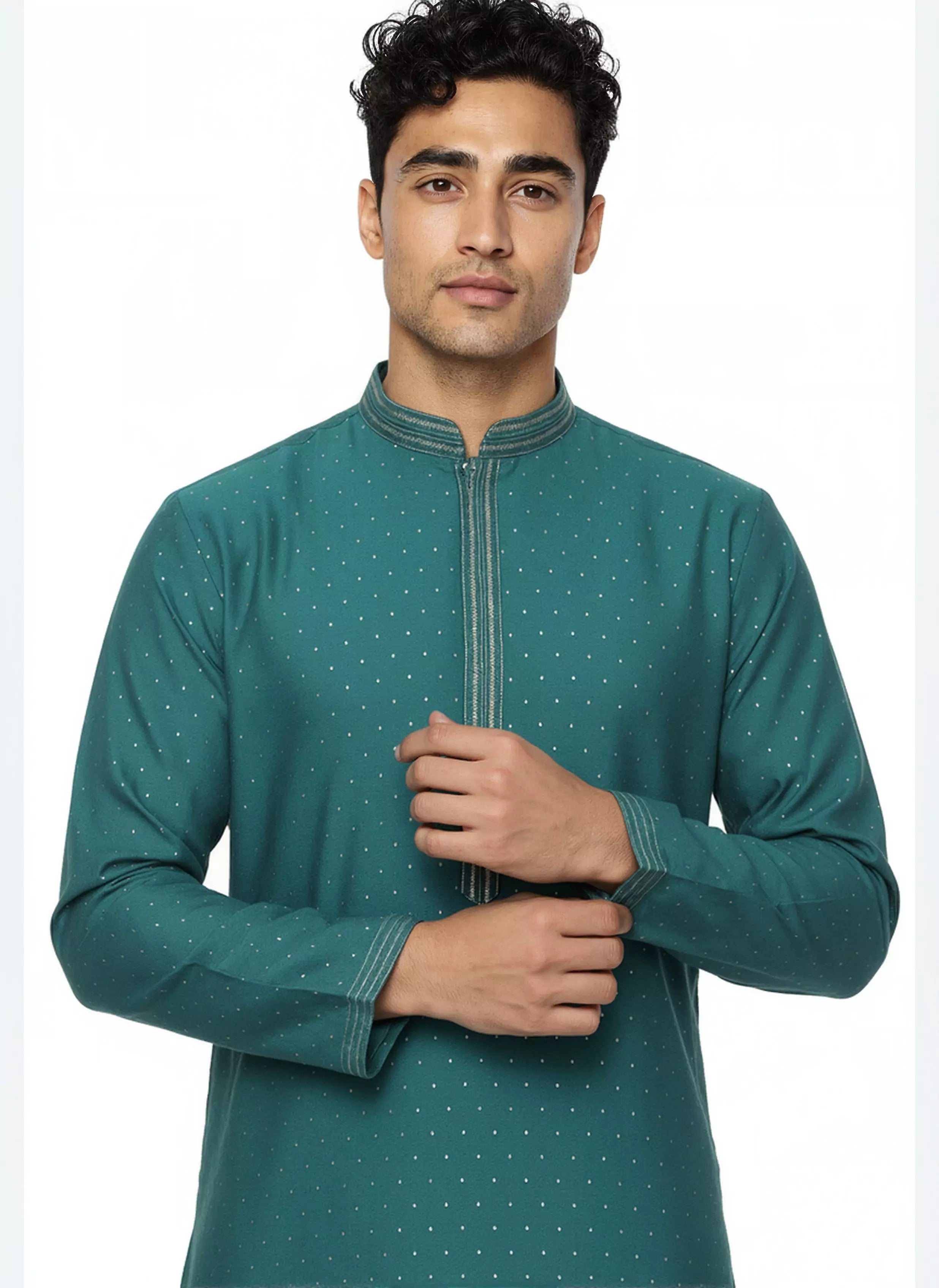 Image of Self Thread with Zari Booti's Jacquard Kurta Pyjama Set