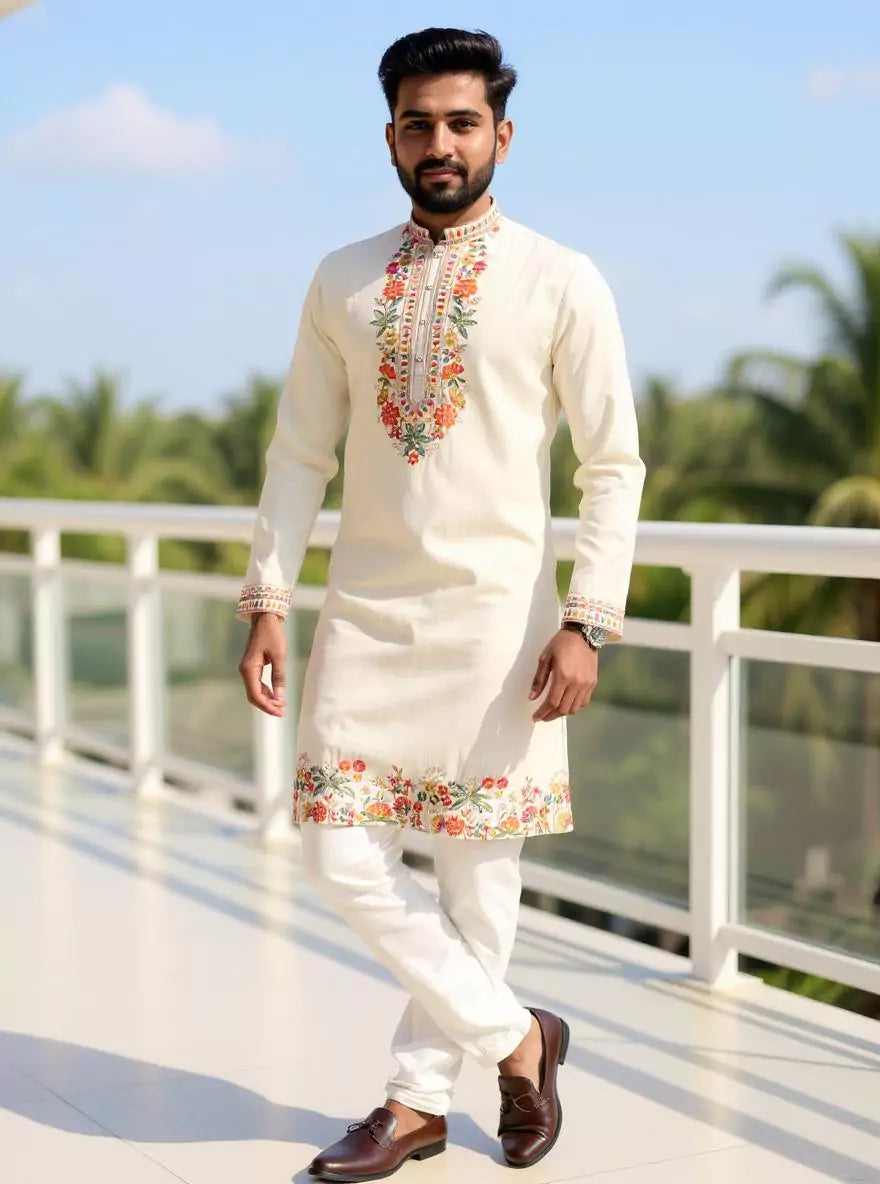 Image of Cloud Cream Embroidered Floral Cotton Silk Kurta Pyjama Set