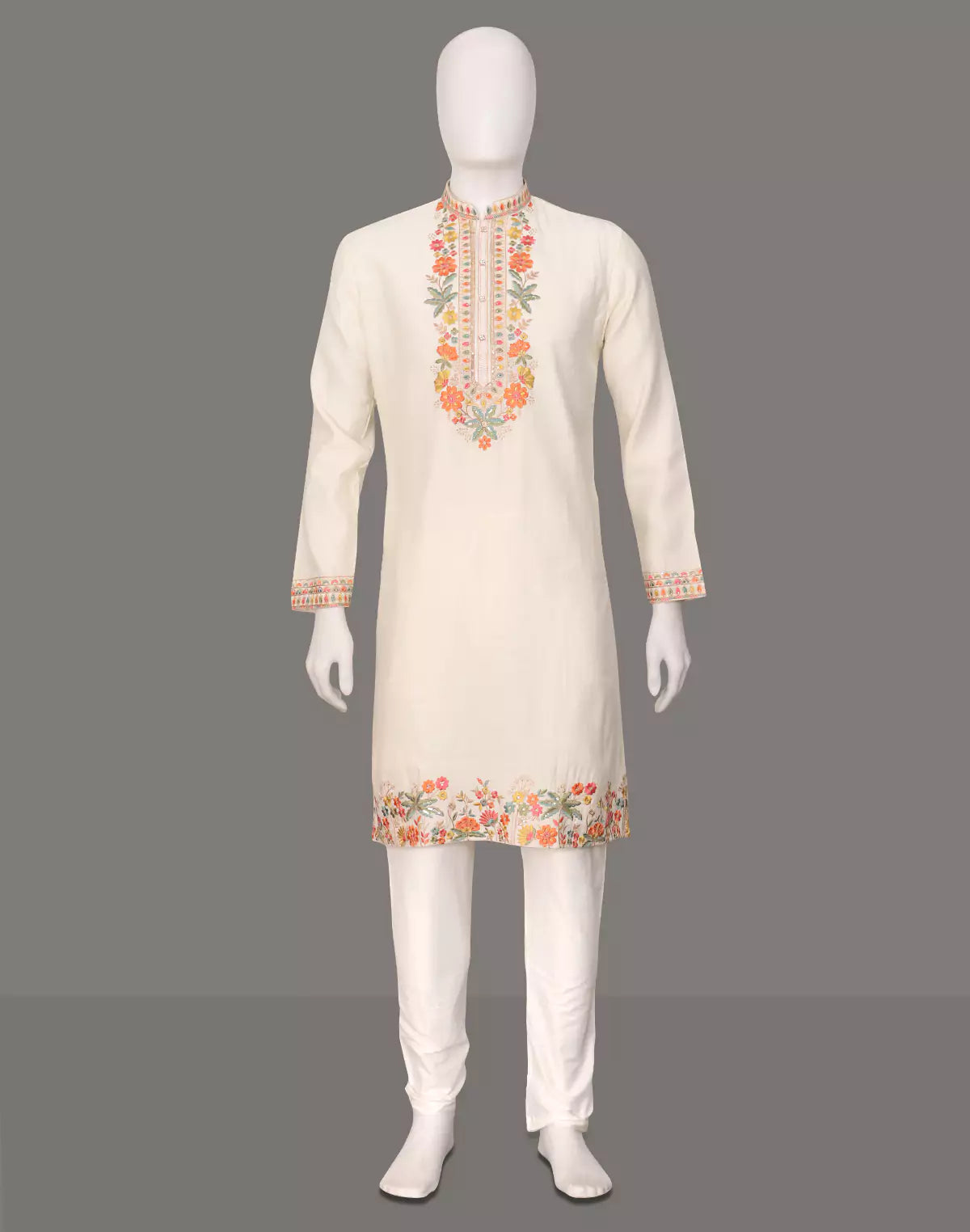 Image of Cloud Cream Embroidered Floral Cotton Silk Kurta Pyjama Set