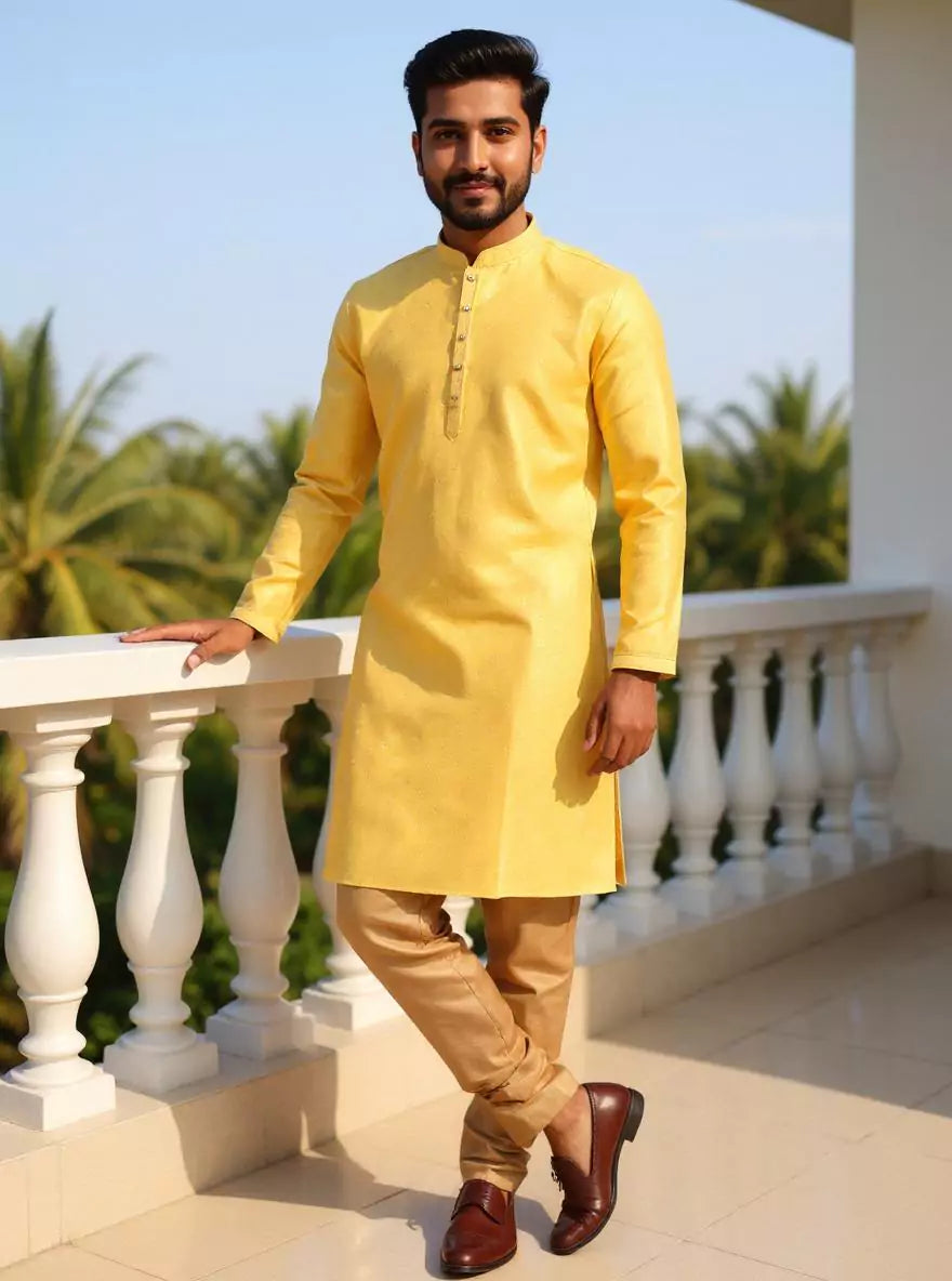 Image of Gold Self Patterned Jacquard Kurta Pyjama Set