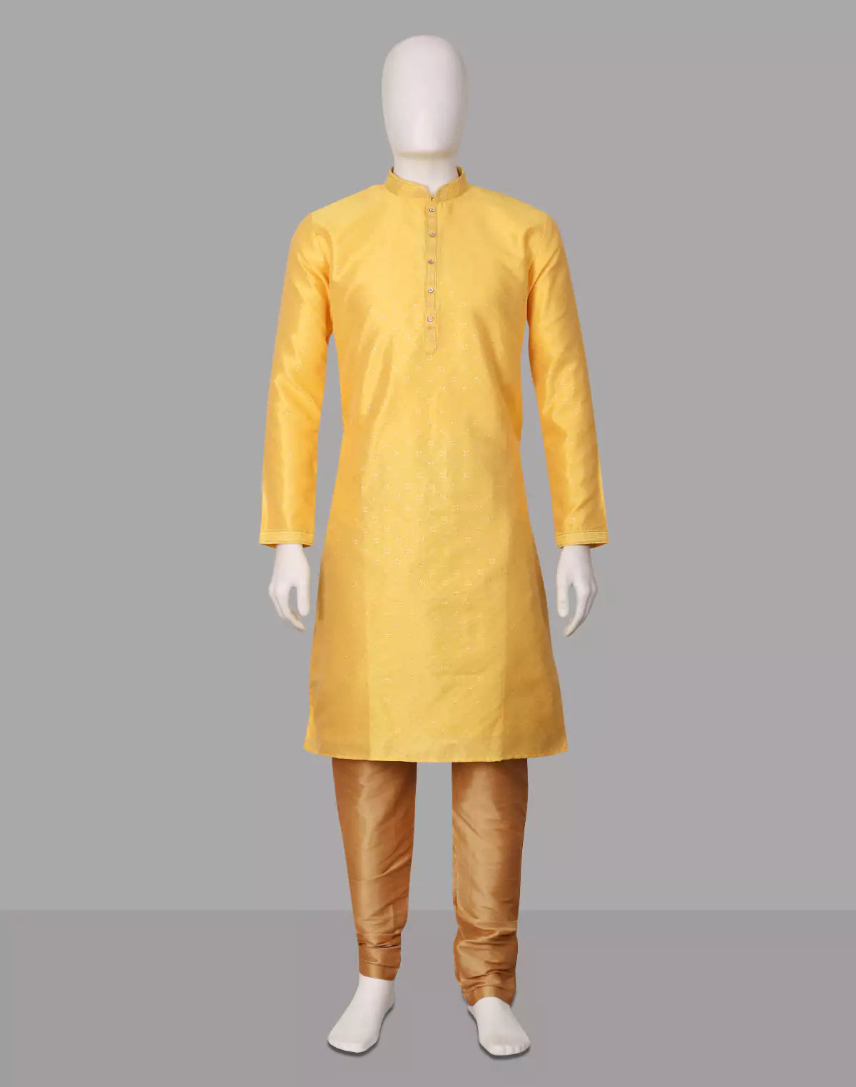 Image of Gold Self Patterned Jacquard Kurta Pyjama Set