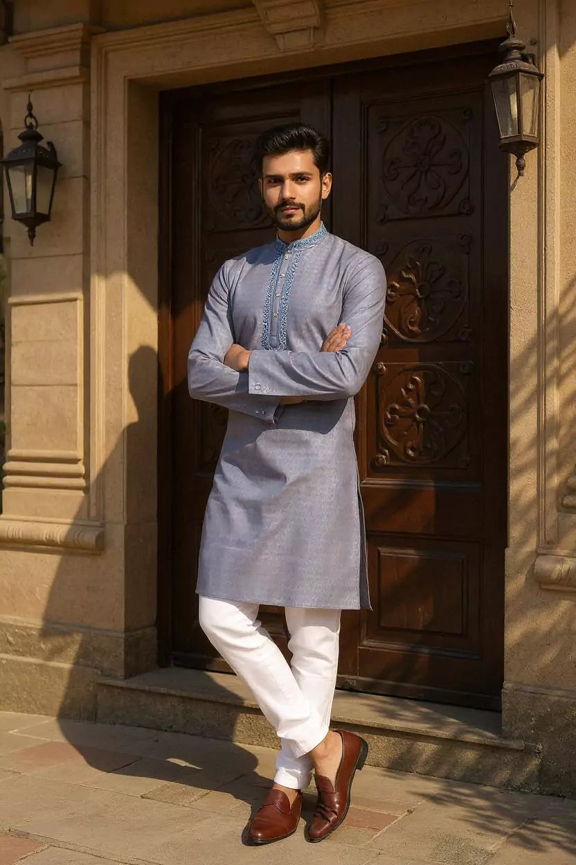 Image of Self Design Thread work Classic Kurta with Pajama Set