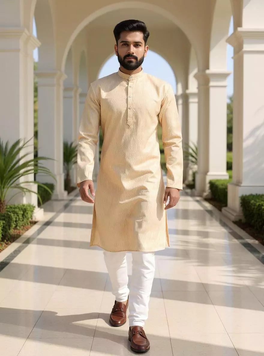 Image of Cotton Self Design Weaving Kurta and Pyjama Set