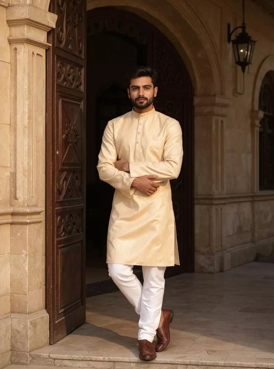 Image of Cotton Self Design Weaving Kurta and Pyjama Set