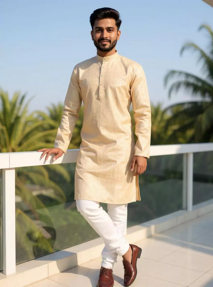 Image of Cotton Self Design Weaving Kurta and Pyjama Set