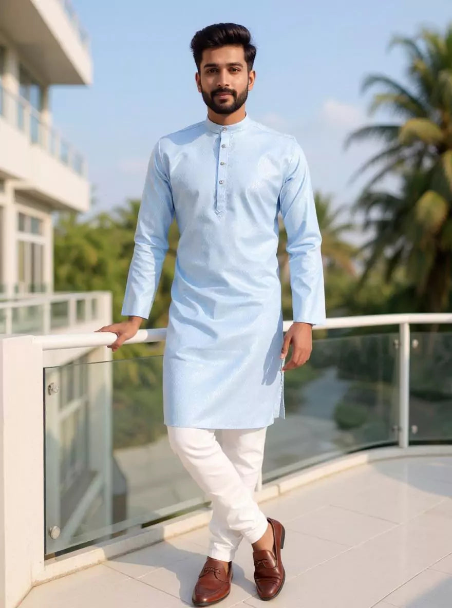 Image of Cotton Self Design Weaving Kurta and Pyjama Set