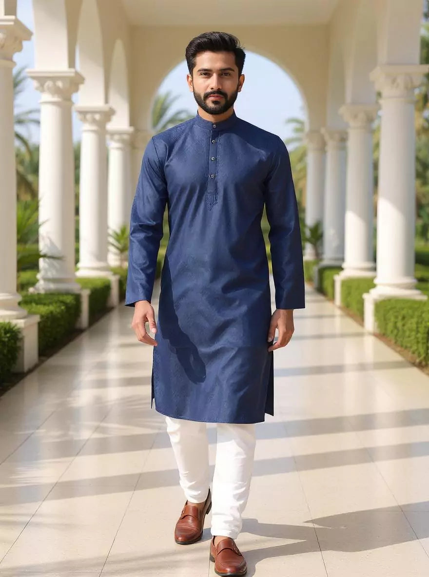 Image of Cotton Self Design Weaving Kurta and Pyjama Set