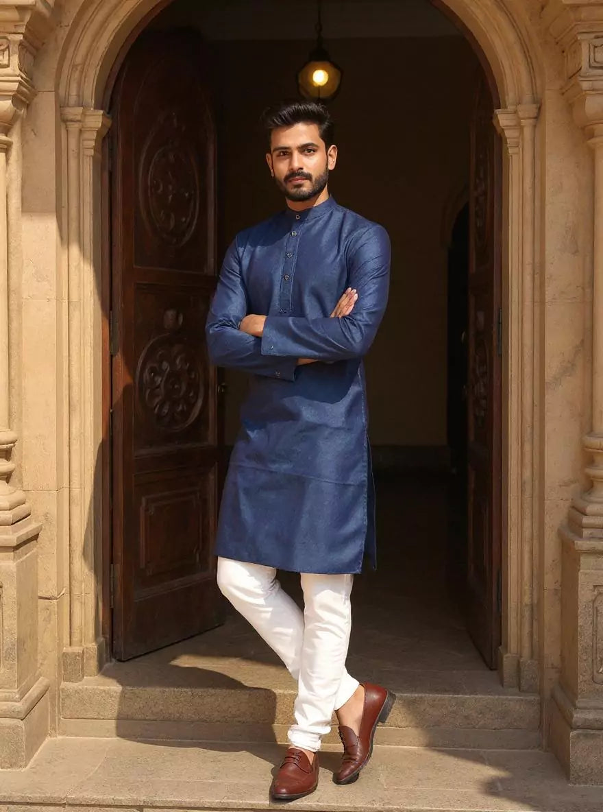 Image of Cotton Self Design Weaving Kurta and Pyjama Set