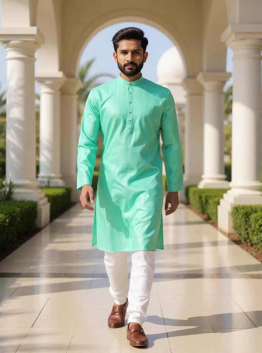 Image of Cotton Self Design Weaving Kurta and Pyjama Set