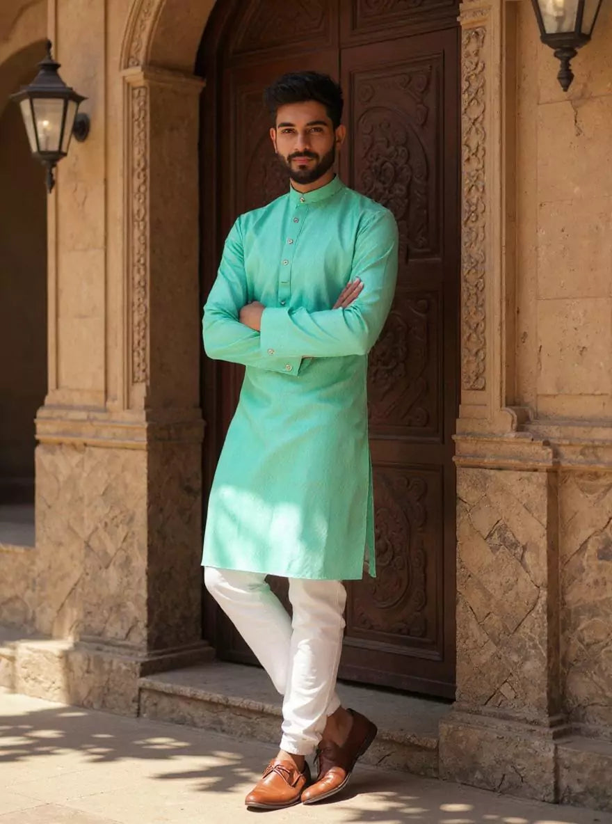 Image of Cotton Self Design Weaving Kurta and Pyjama Set