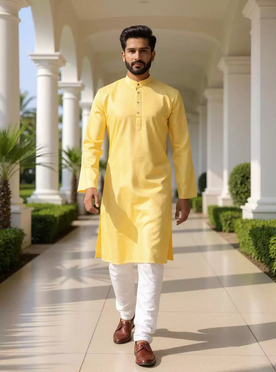 Image of Cotton Self Design Weaving Kurta and Pyjama Set