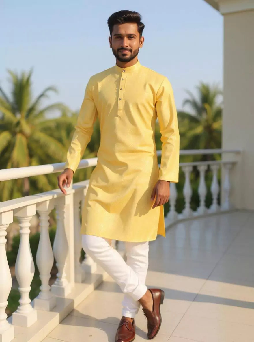 Image of Cotton Self Design Weaving Kurta and Pyjama Set