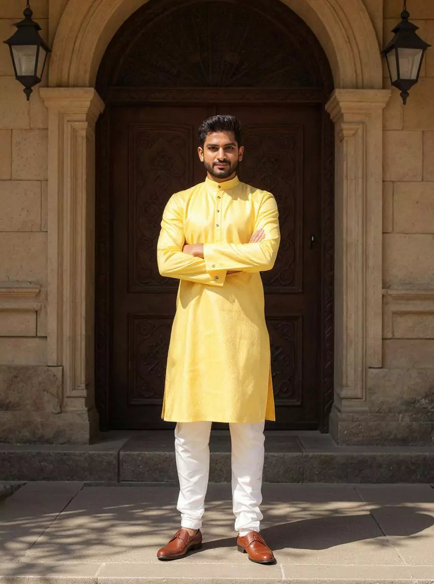 Image of Cotton Self Design Weaving Kurta and Pyjama Set
