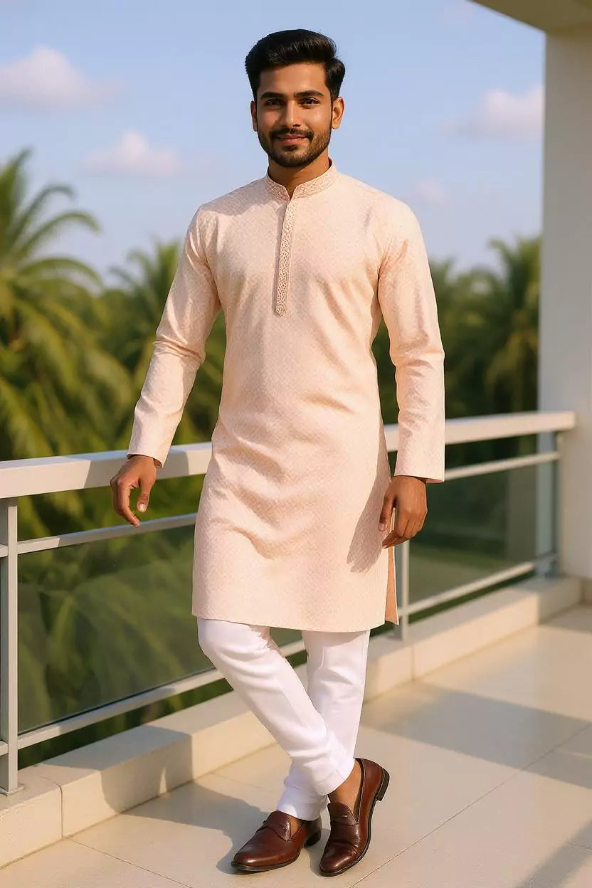 Image of Elegance Onion Self Patterned Cotton Kurta Pyjama Set