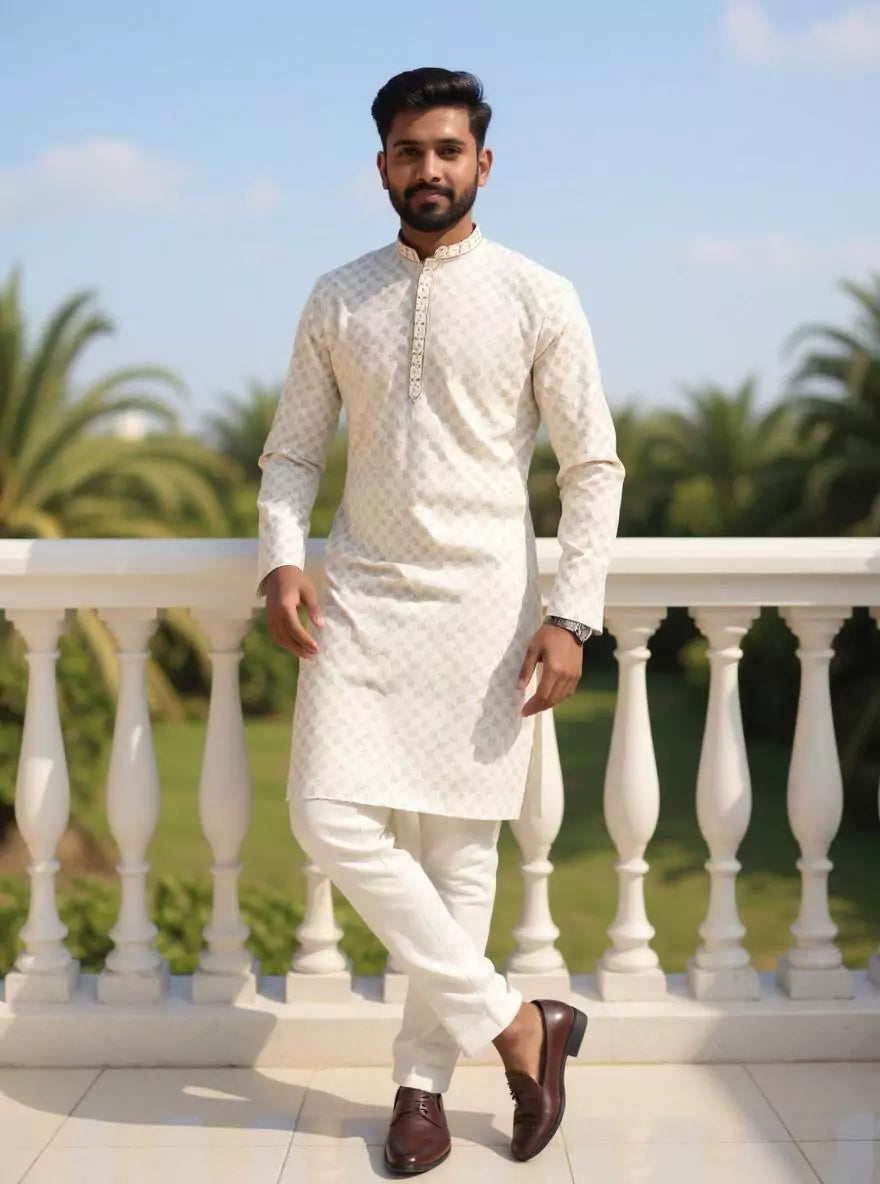 Image of Botanical Print Men's Cotton Kurta Pyjama Set