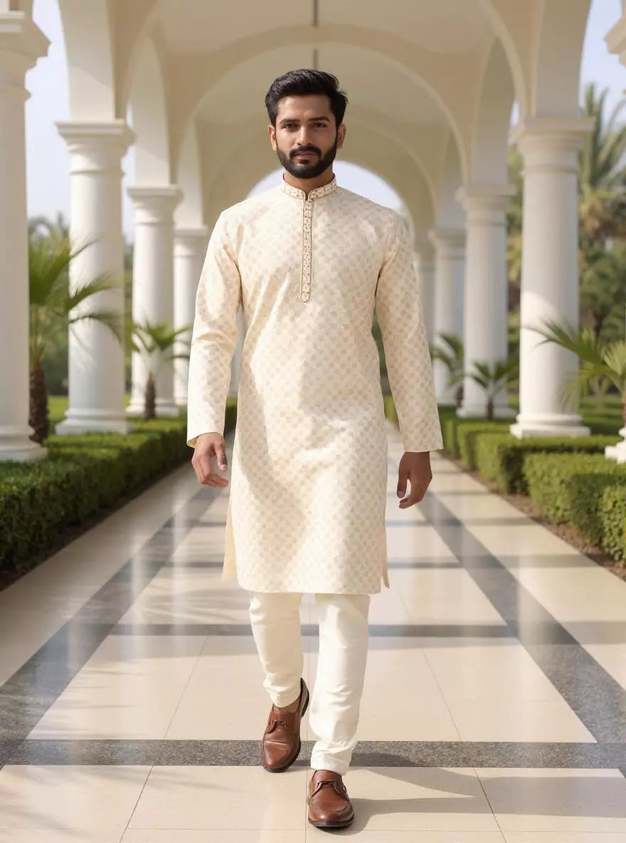 Image of Botanical Print Men's Cotton Kurta Pyjama Set