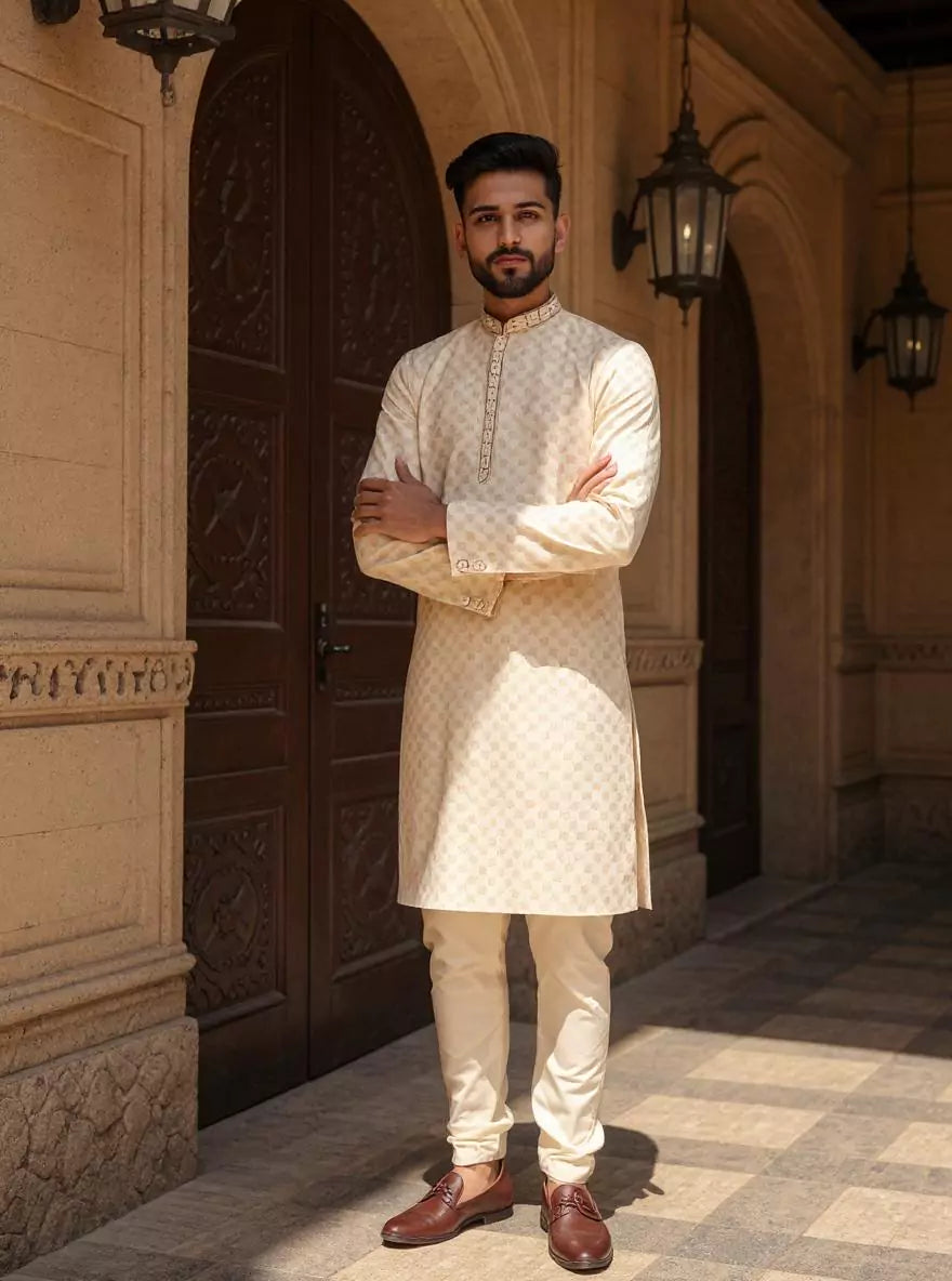 Image of Botanical Print Men's Cotton Kurta Pyjama Set