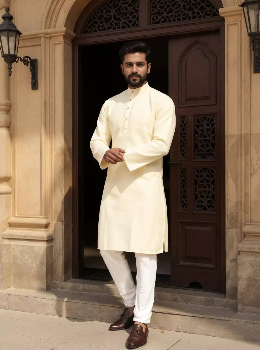 Image of Self Weaving Decent Cotton Fabric Kurta Pyjama Set