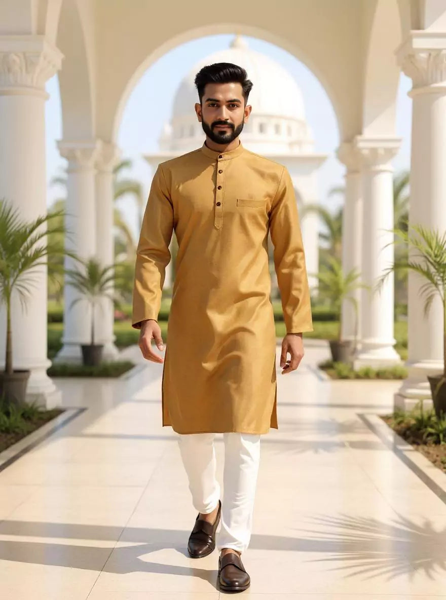 Self Weaving Decent Cotton Fabric Kurta Pyjama Set