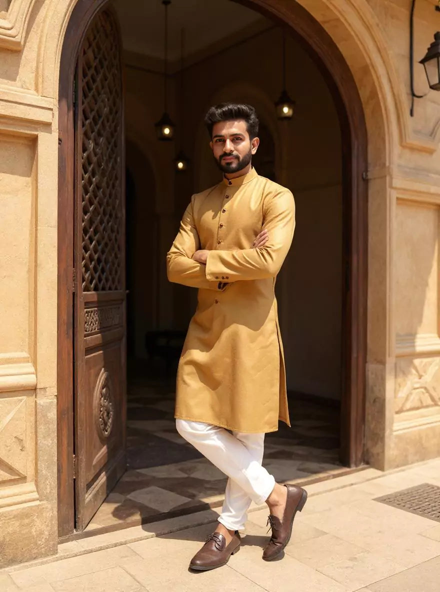 Self Weaving Decent Cotton Fabric Kurta Pyjama Set