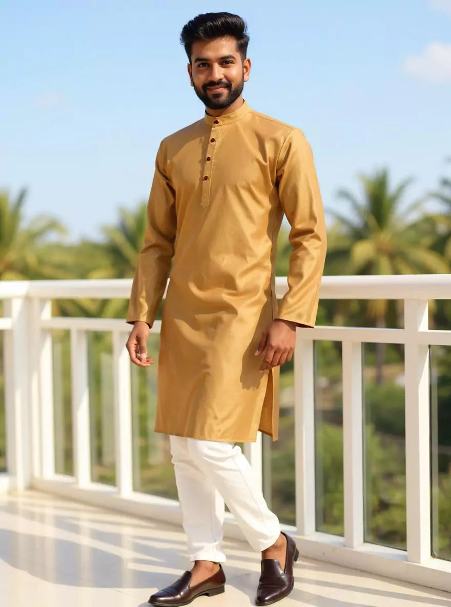 Image of Self Weaving Decent Cotton Fabric Kurta Pyjama Set