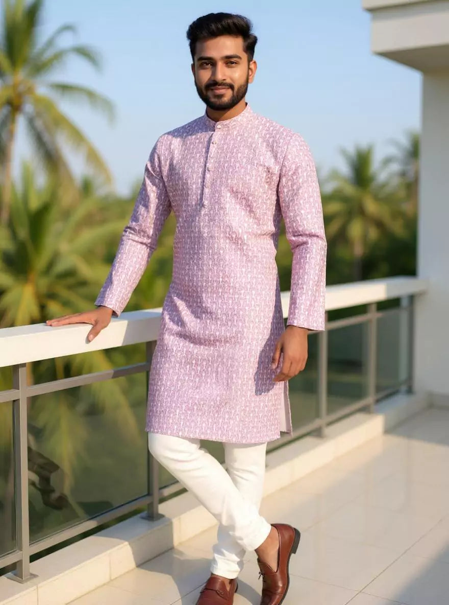 Image of Giza Cotton Floral Printed Onion Color Kurta Set