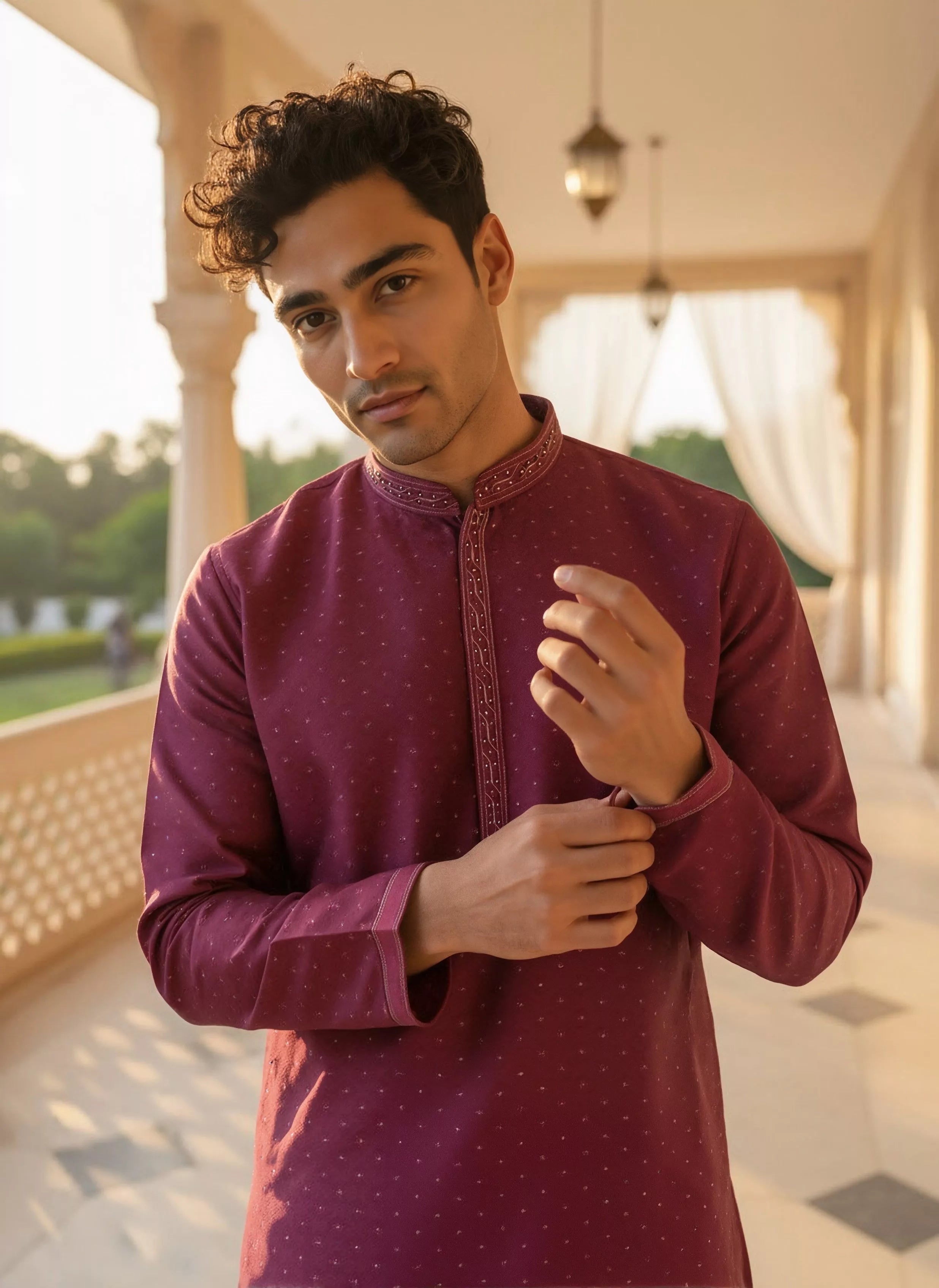 Image of Self Design with Zari Bootis Jacquard Kurta Pajamas