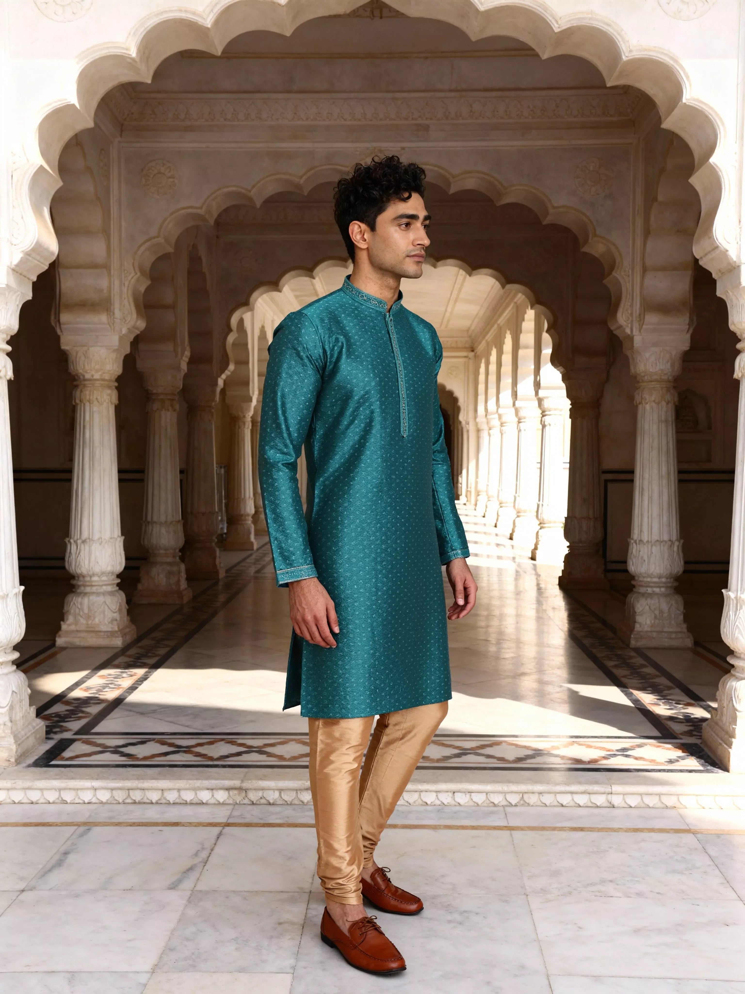 Image of Self Design with Zari Bootis Jacquard Kurta Pajamas