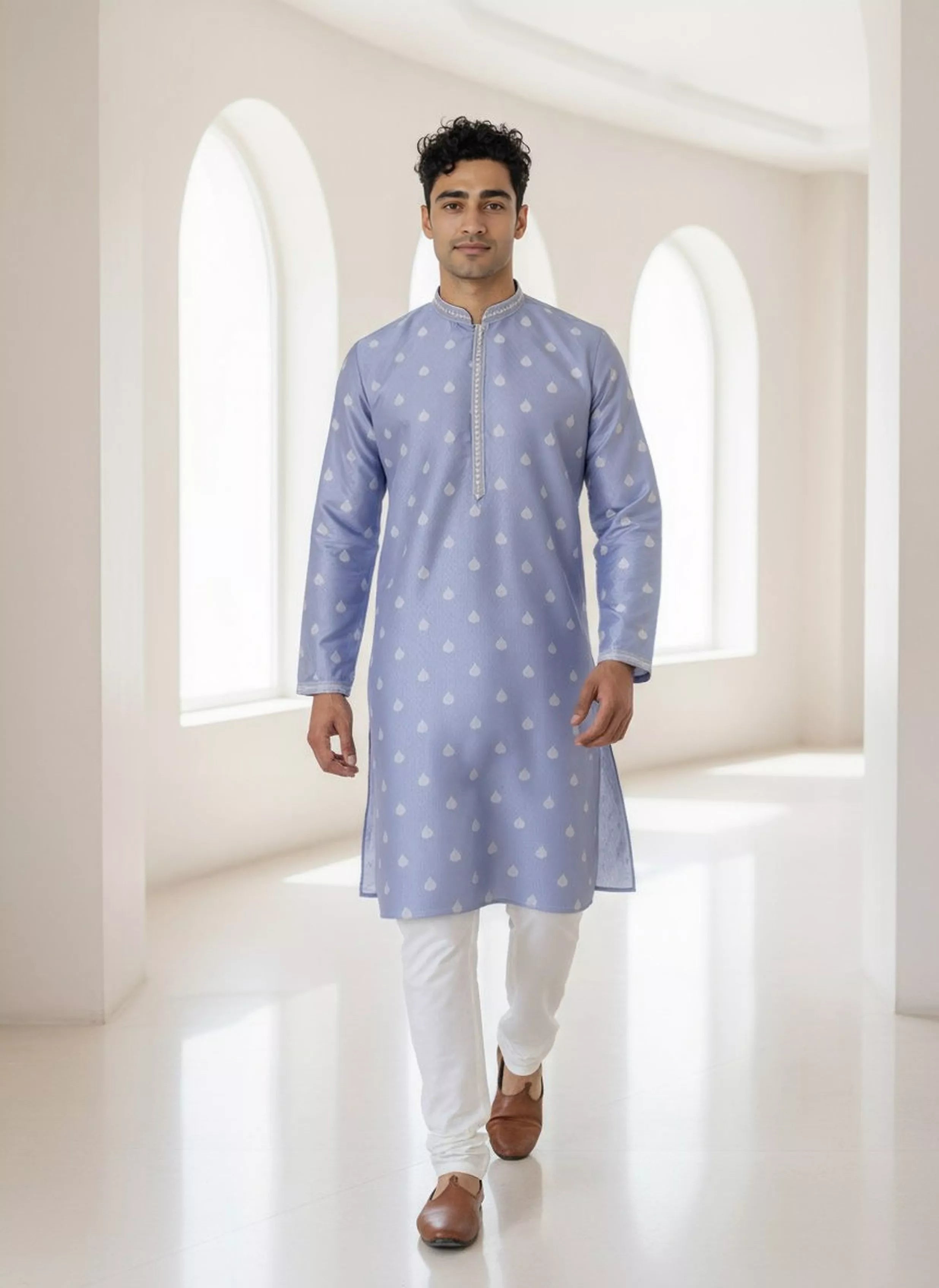 Floral Print with Zari Booti's Milky Silk Kurta Pyjama