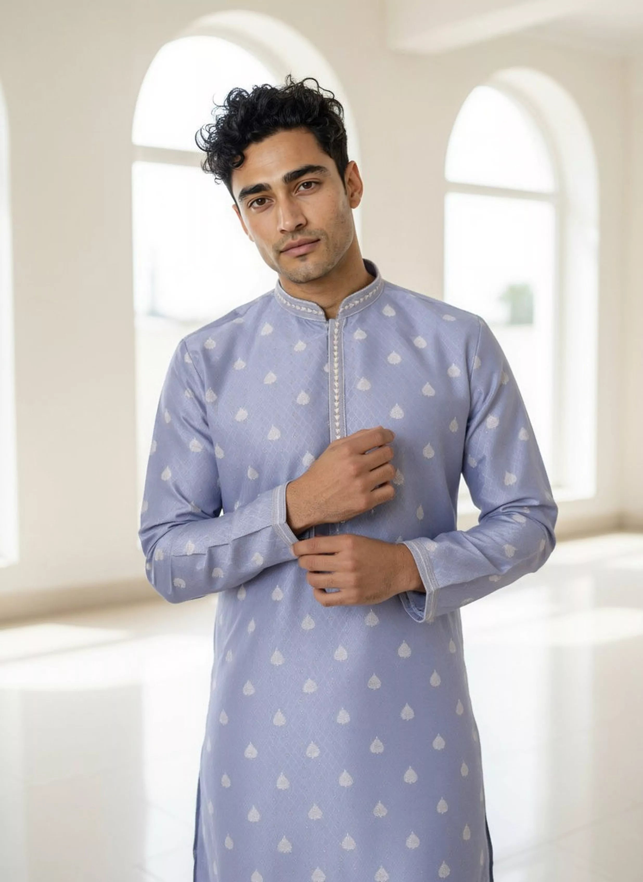 Image of Floral Print with Zari Booti's Milky Silk Kurta Pyjama