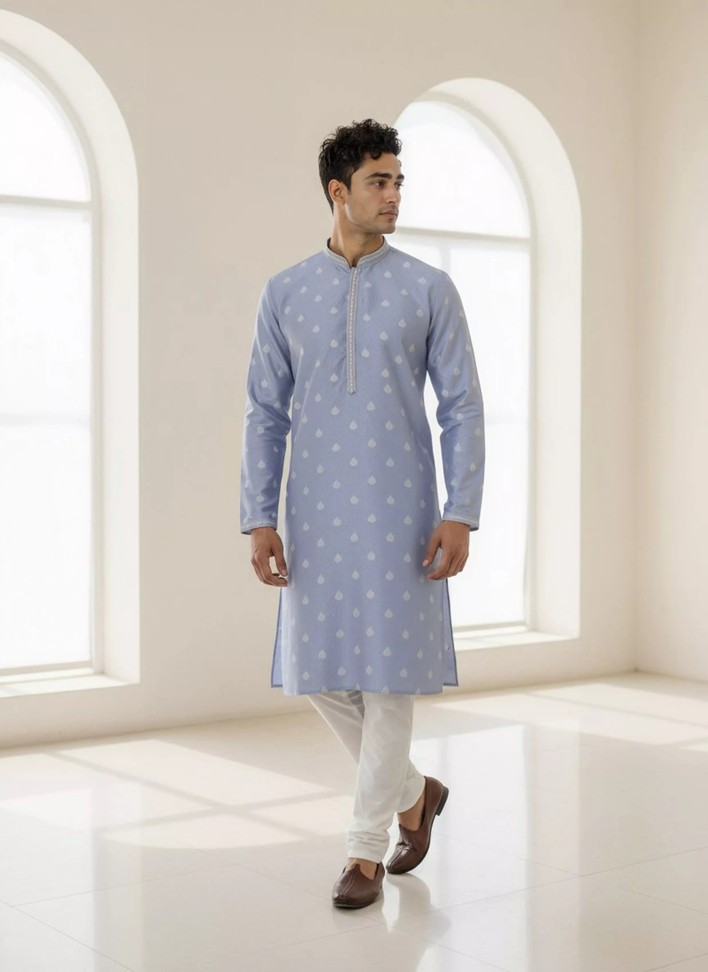 Floral Print with Zari Booti's Milky Silk Kurta Pyjama