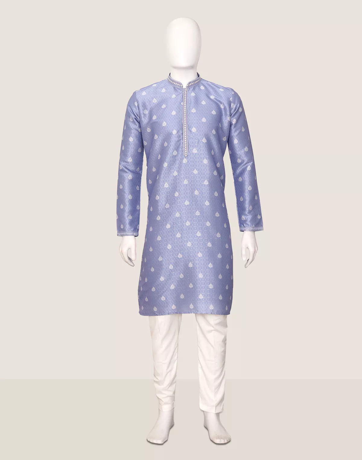 Image of Floral Print with Zari Booti's Milky Silk Kurta Pyjama