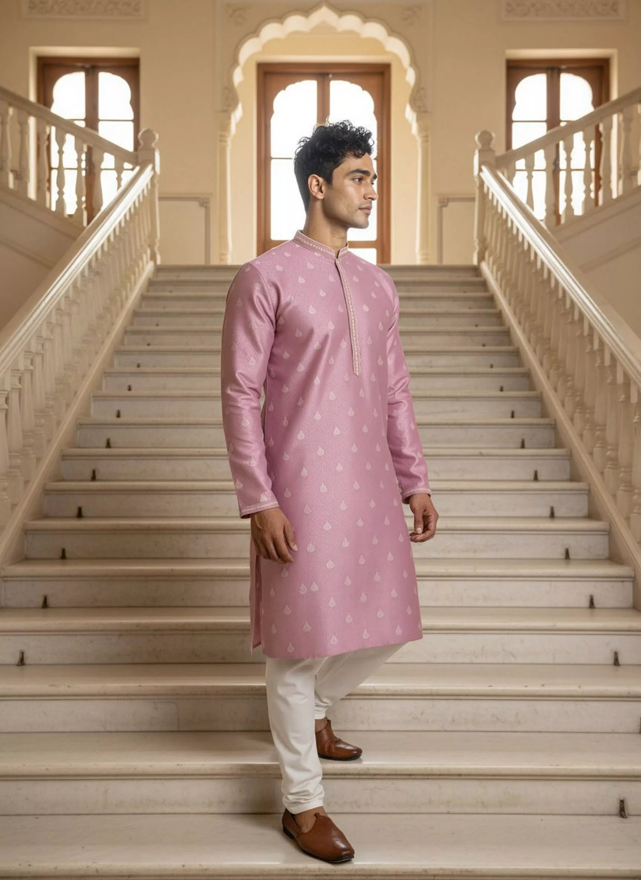 Image of Floral Print with Zari Booti's Milky Silk Kurta Pyjama