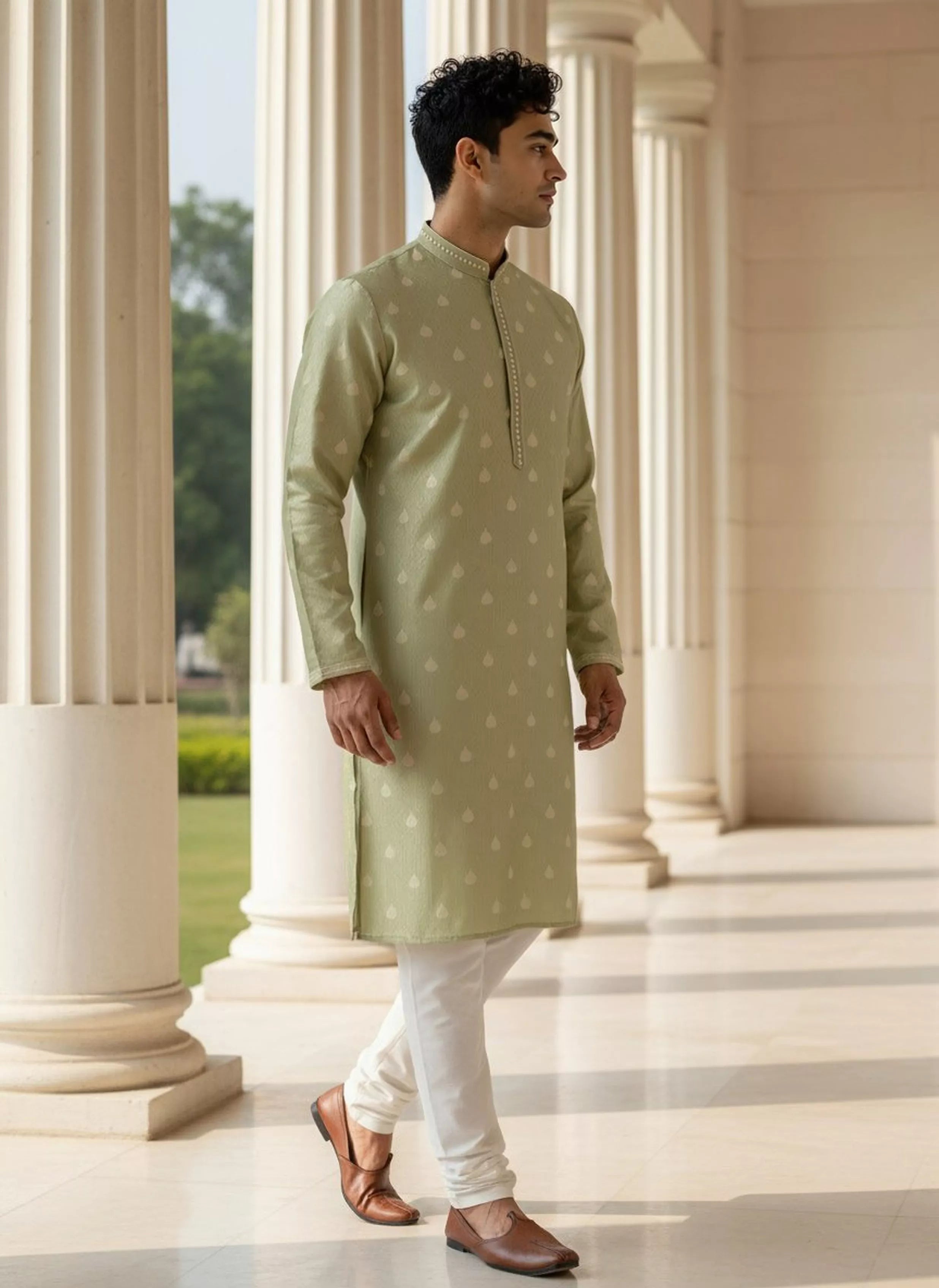Image of Floral Print with Zari Booti's Milky Silk Mehendi Kurta Pyjama