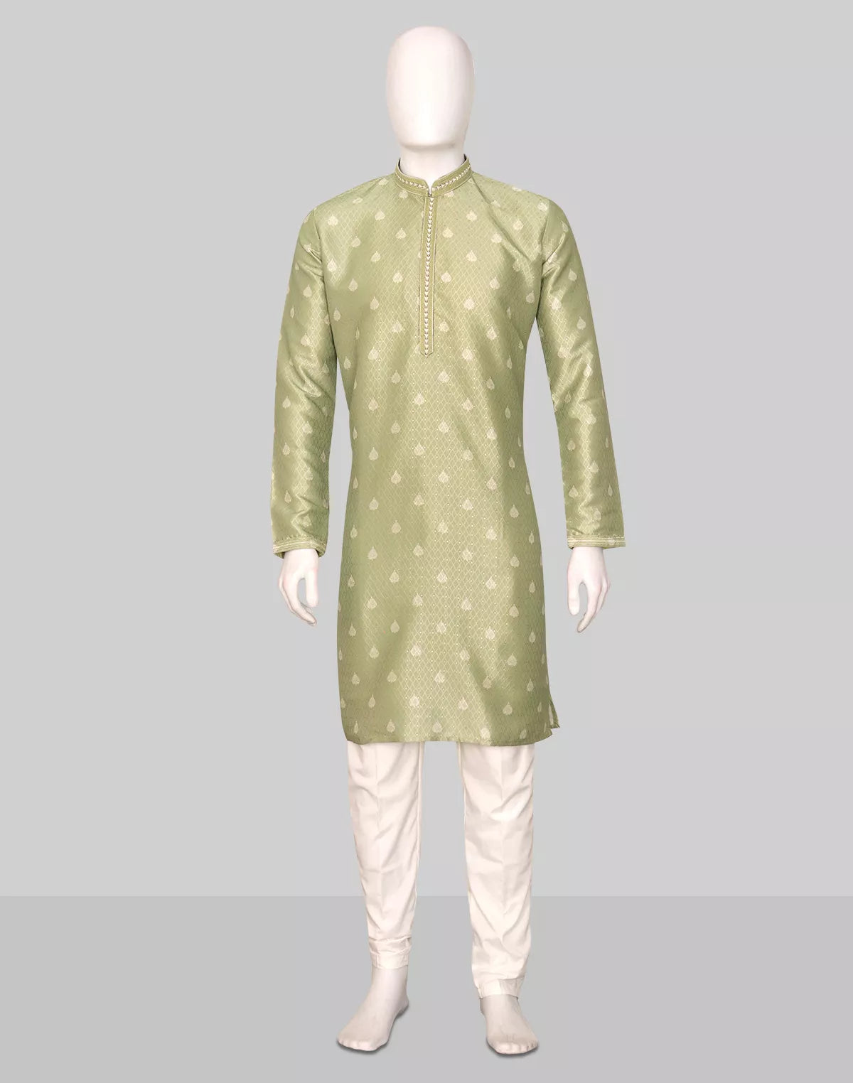 Image of Floral Print with Zari Booti's Milky Silk Mehendi Kurta Pyjama