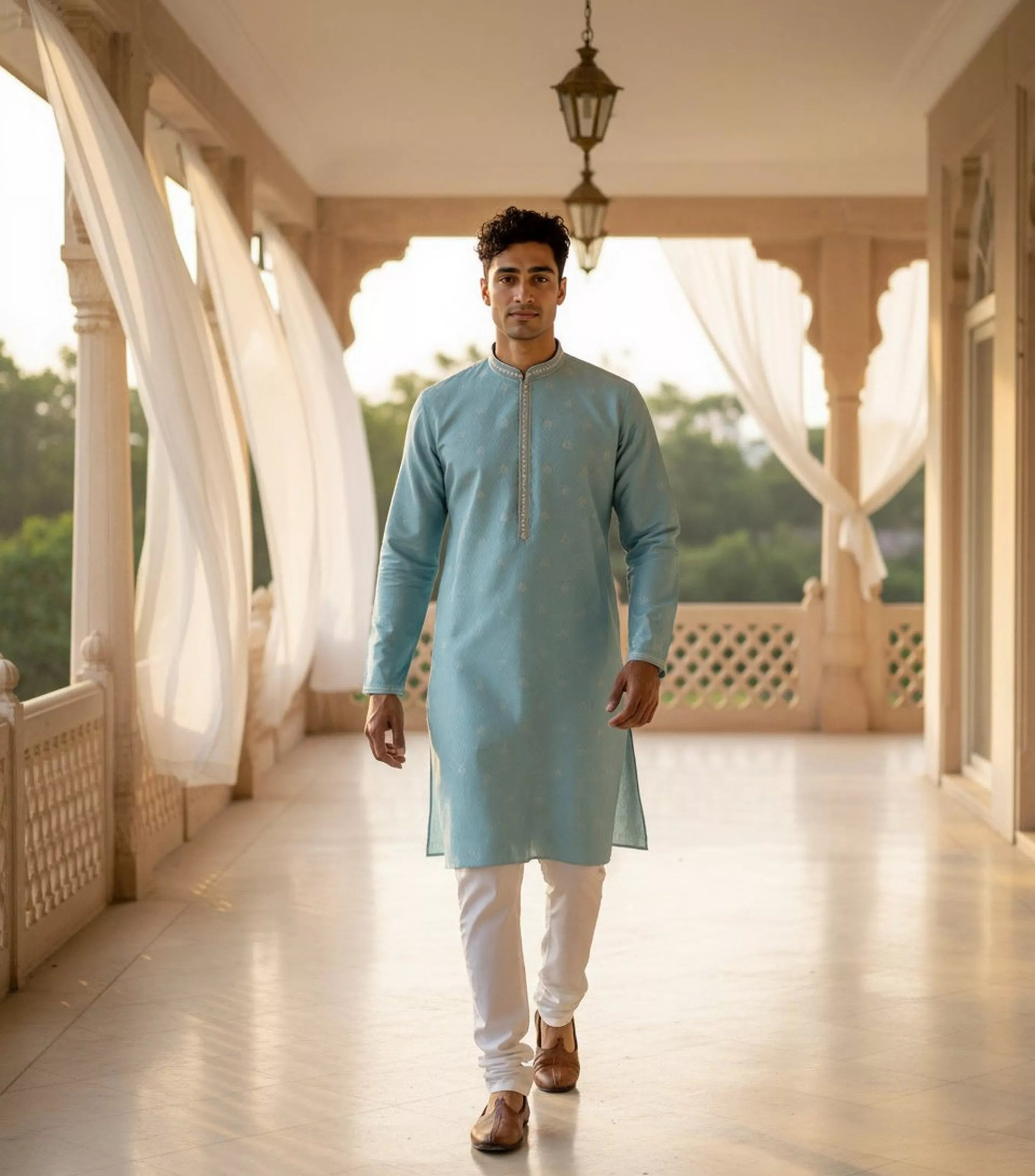 Floral Print with Zari Booti's Milky Silk Kurta Pyjama