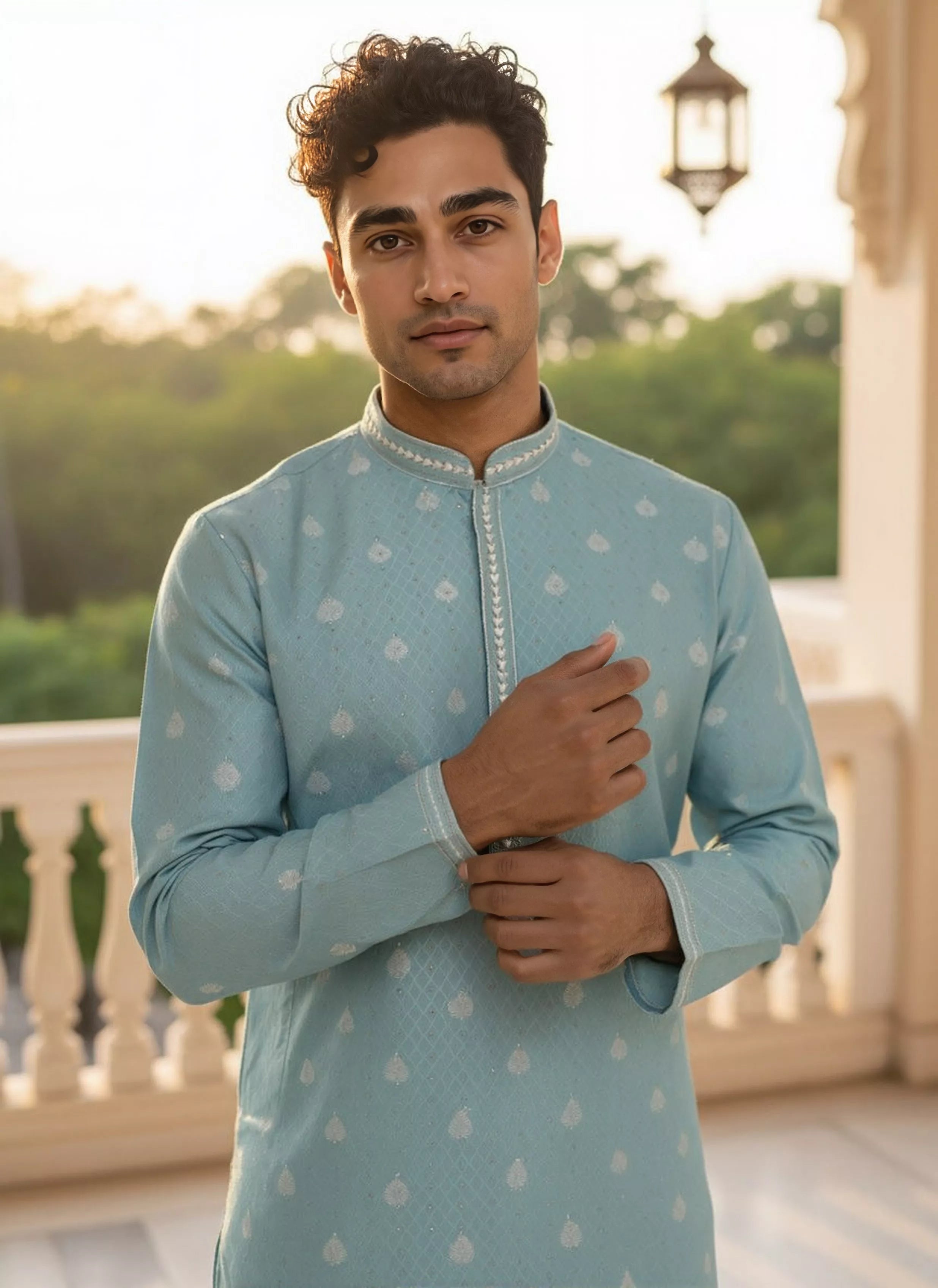 Floral Print with Zari Booti's Milky Silk Kurta Pyjama