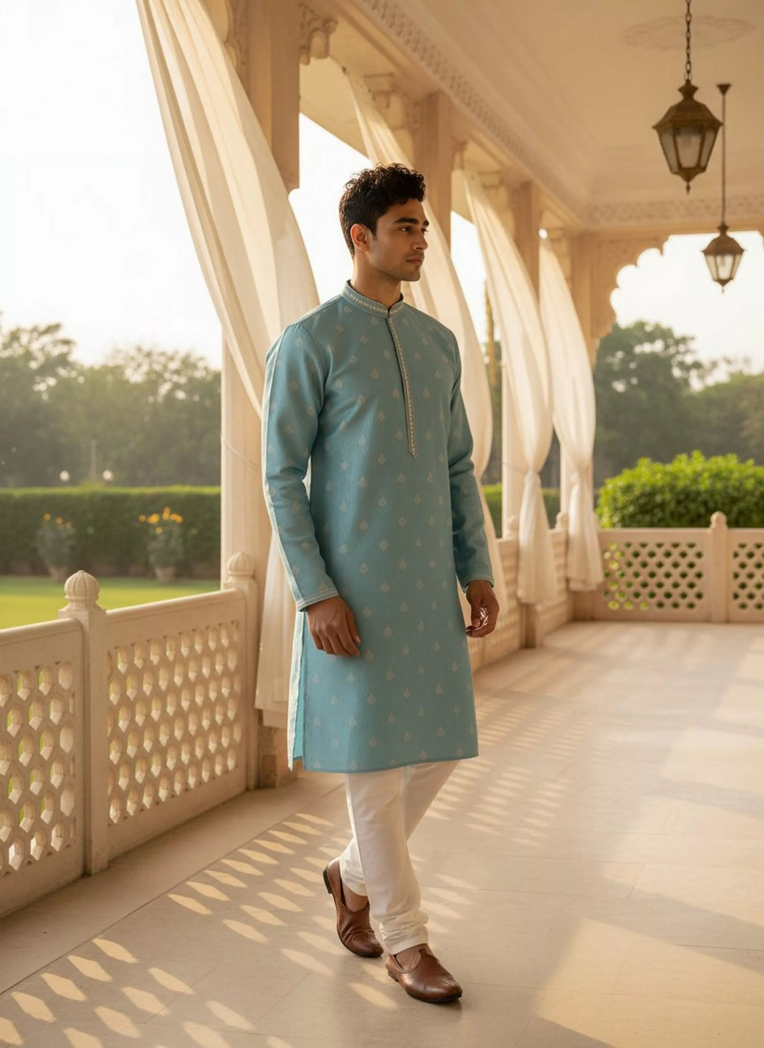 Floral Print with Zari Booti's Milky Silk Kurta Pyjama