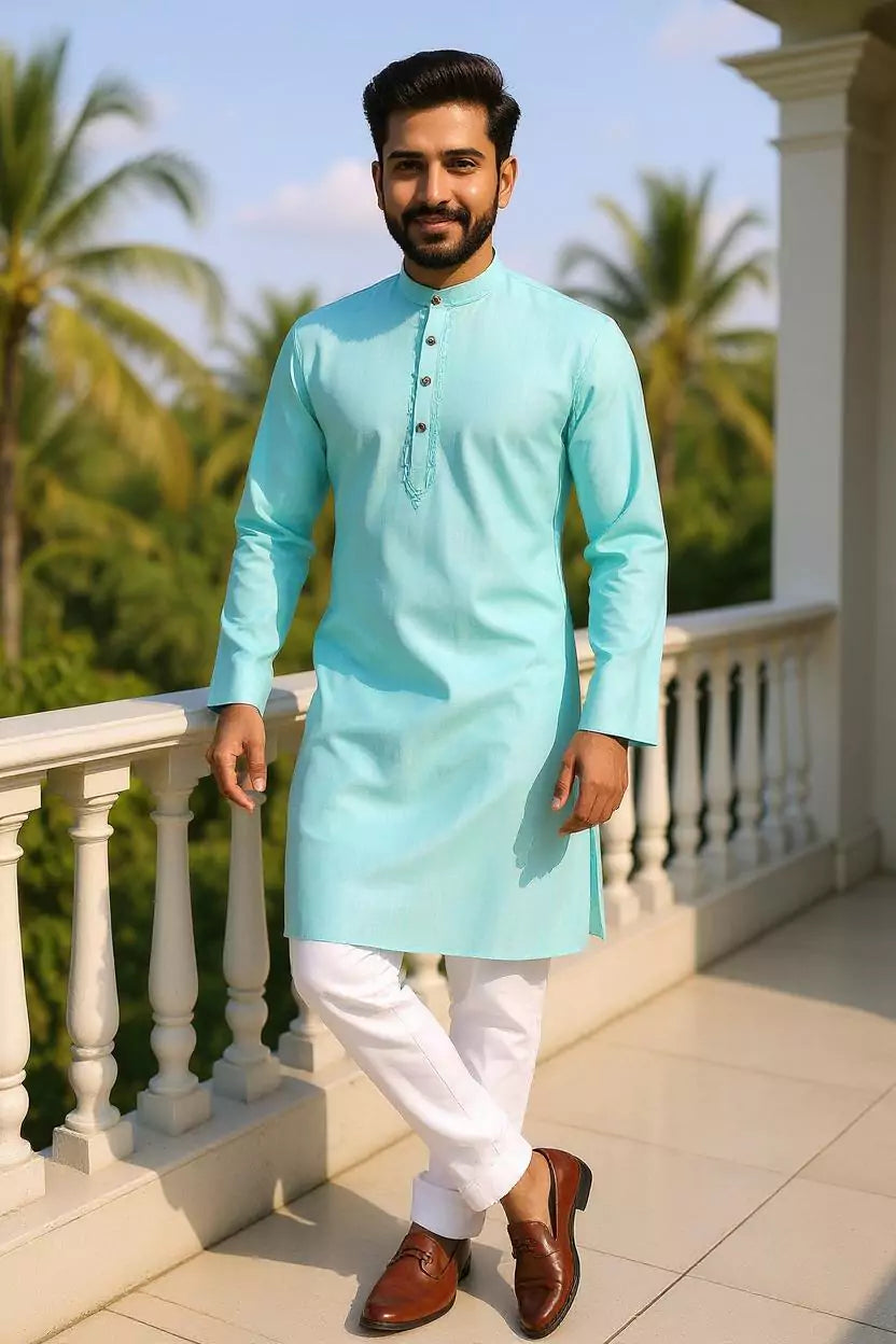 Firozi Coloured Flex Cotton Kurta Pyjama Set