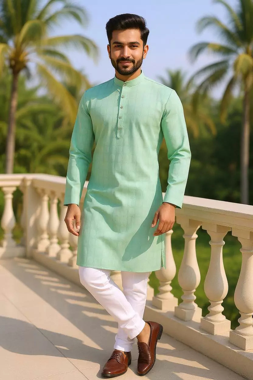Image of Self Geometric Weaving Cotton Pista Kurta Pyjama Set