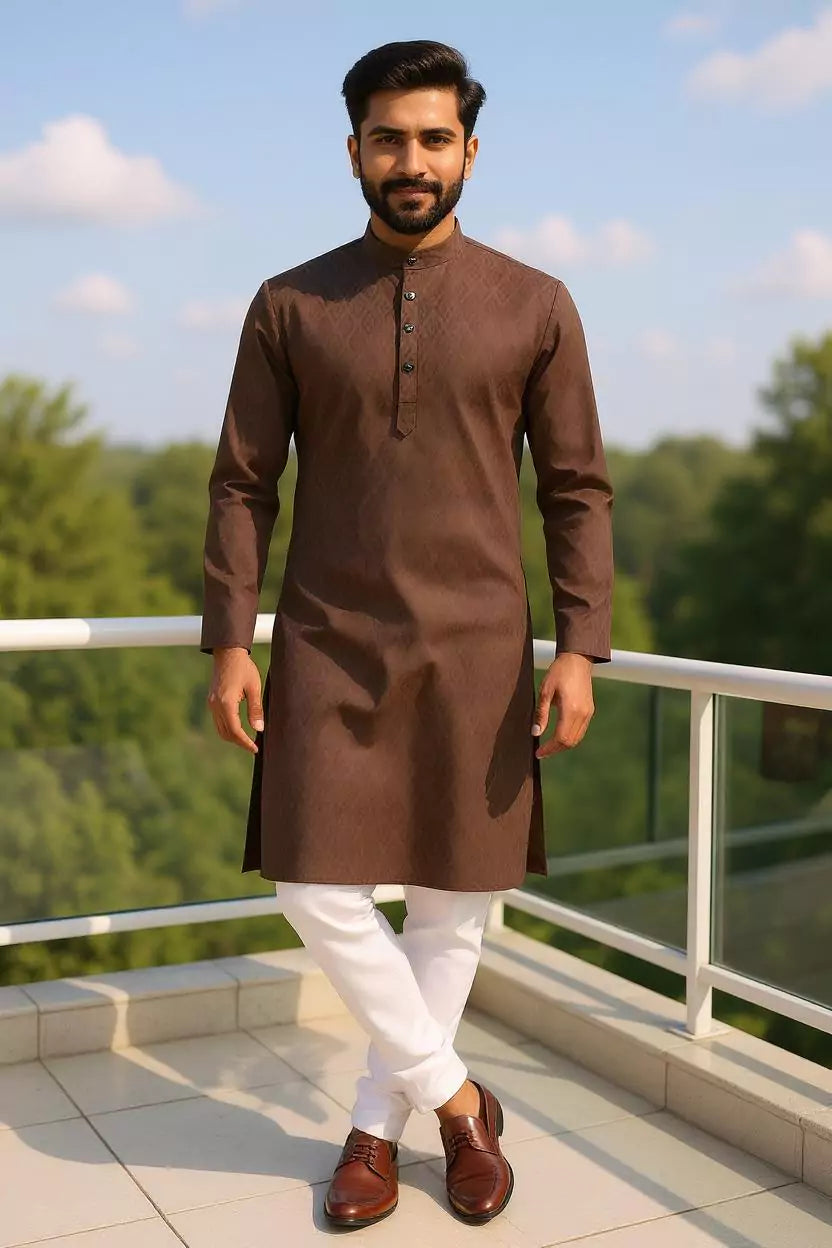 Coffee Coloured Self Geometric Cotton Kurta with Pajama