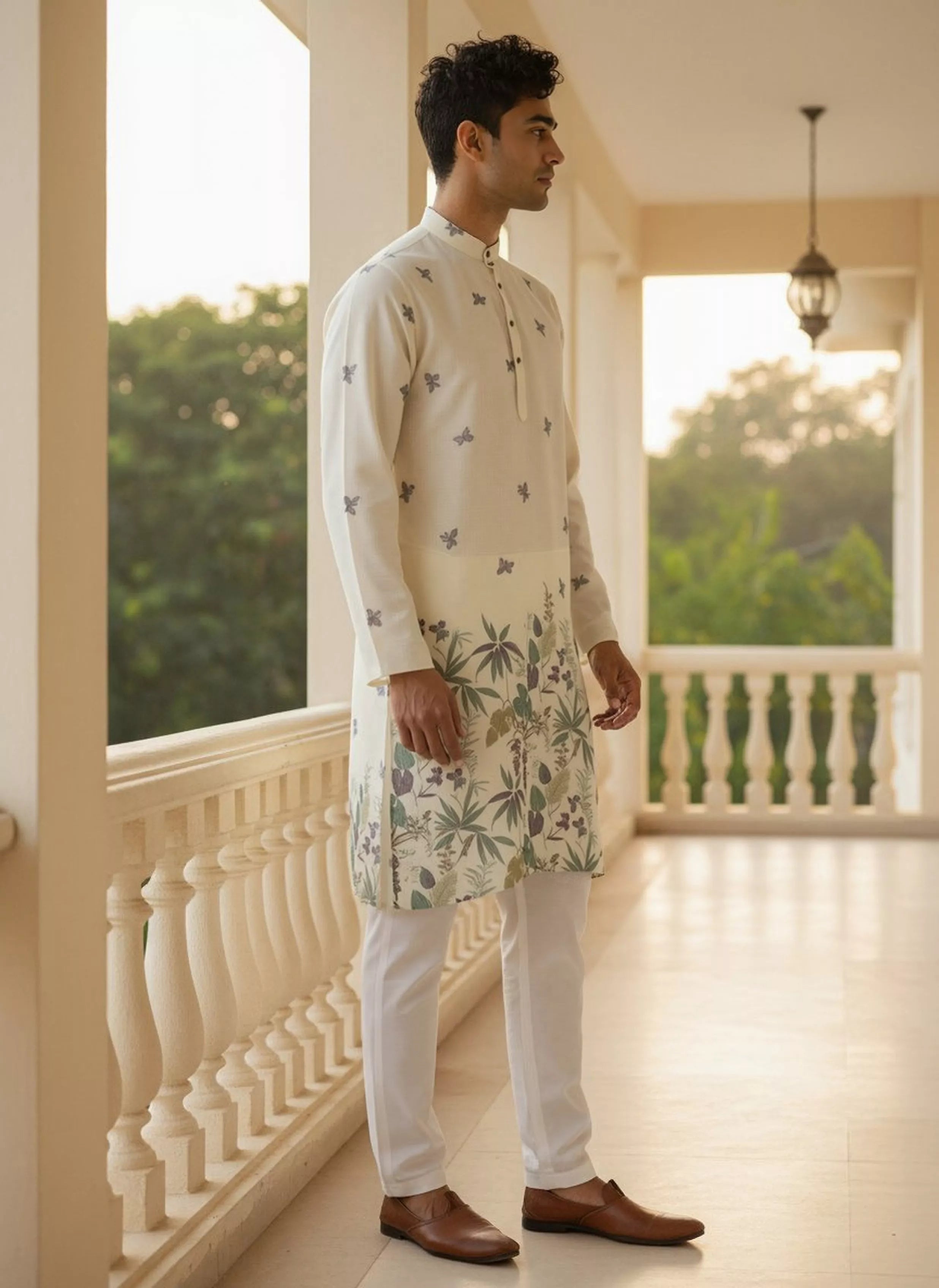 Lemon Floral Daman Print Lenin Kurta Pyjama Set