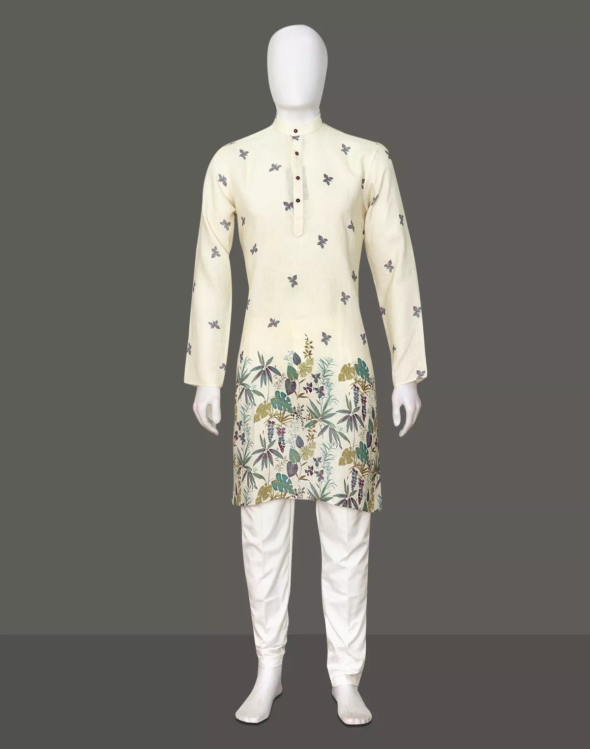 Image of Lemon Floral Daman Print Lenin Kurta Pyjama Set