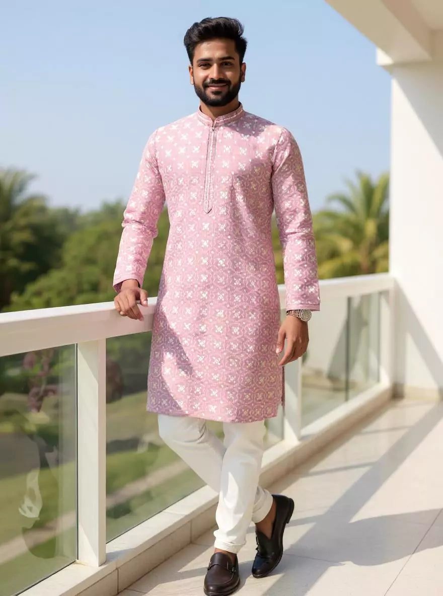 Image of Thread with Embellished work Floral Design Cotton Silk Kurta Pajama