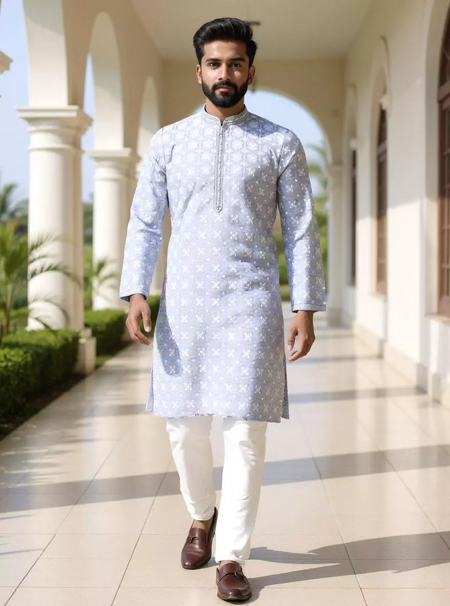 Image of Thread with Embellished work Floral Design Cotton Silk Kurta Pajama