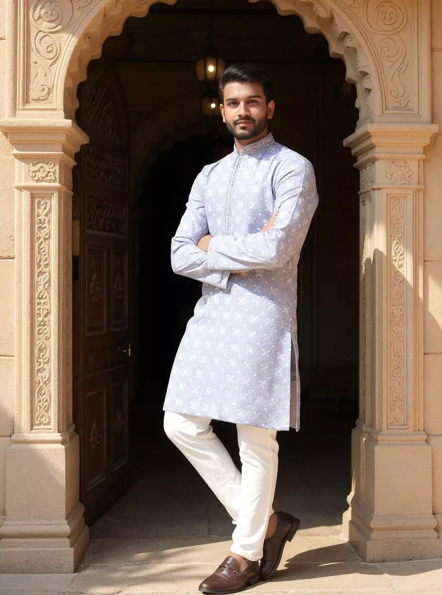 Image of Thread with Embellished work Floral Design Cotton Silk Kurta Pajama