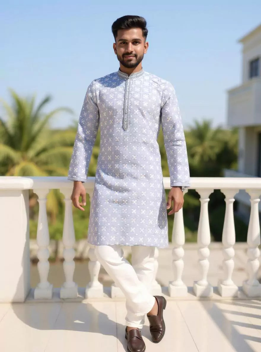 Image of Thread with Embellished work Floral Design Cotton Silk Kurta Pajama
